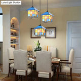 Mediterranean Blue Stained Glass House Shaped Pendant Ceiling Light - 1-Light Suspension Lighting