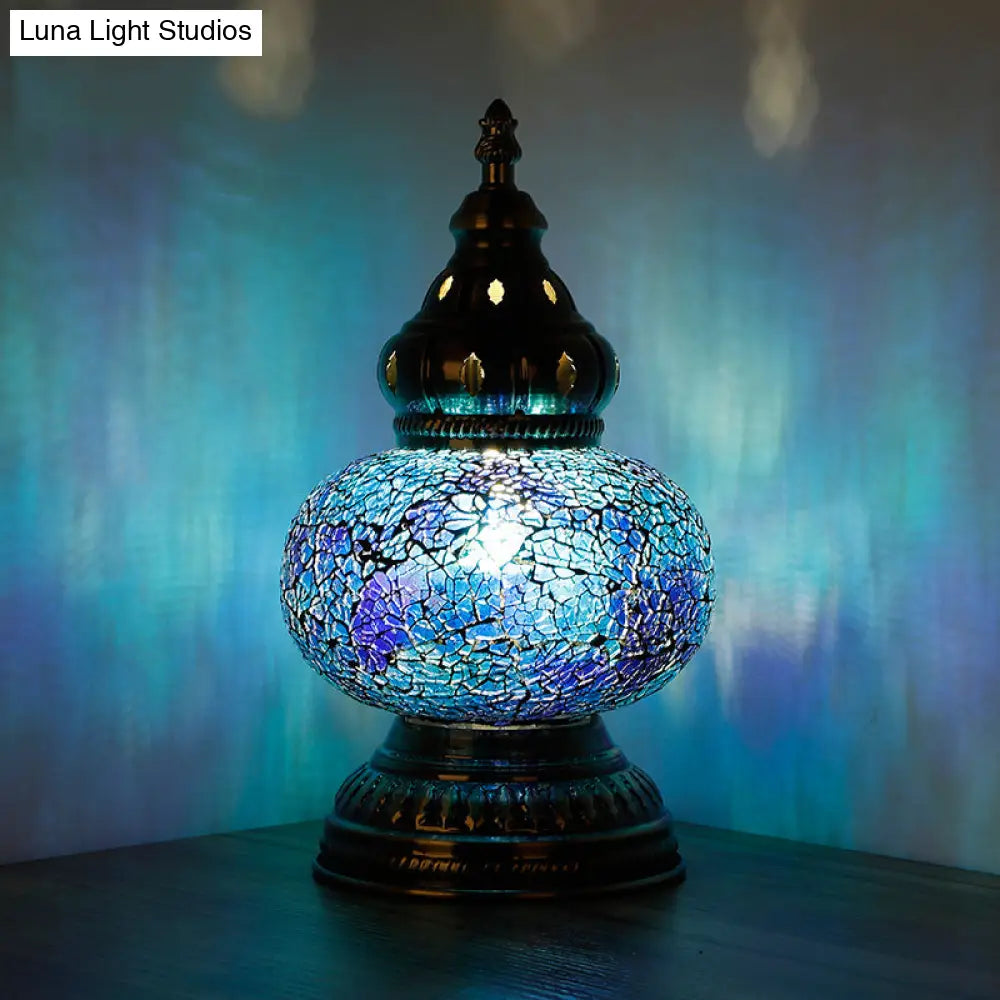 Mediterranean Blue Stained Glass Table Lamp With Tower Shape - Perfect For Bedroom Nightstand