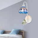 Mediterranean Blue-White Bedroom Wall Light With Stained Glass Shade Blue-Clear
