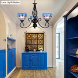 Mediterranean Bowl Pendant Light: Curved Arm Blue Glass 3 Lights - Foyer Chandelier