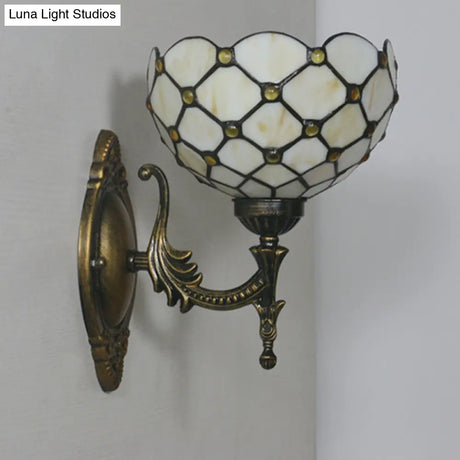 Mediterranean Brass Wall Sconce Elegant Geometry Cut Glass Shade For Corridor Lighting