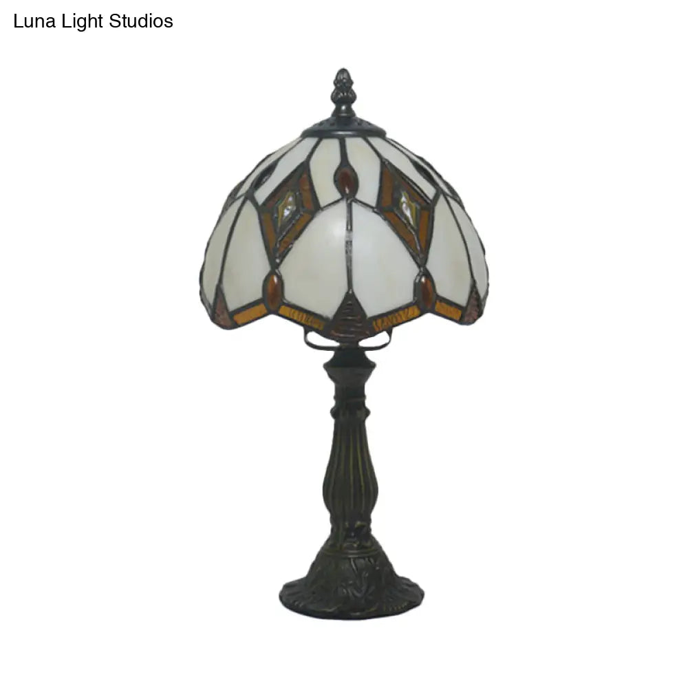 Mediterranean Bronze Domed Desk Lamp With Beige Glass And Rhombus Patterned Night Light