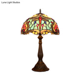 Mediterranean Bronze Domed Table Lamp - Hand Cut Glass Dragonfly Patterned Night Light