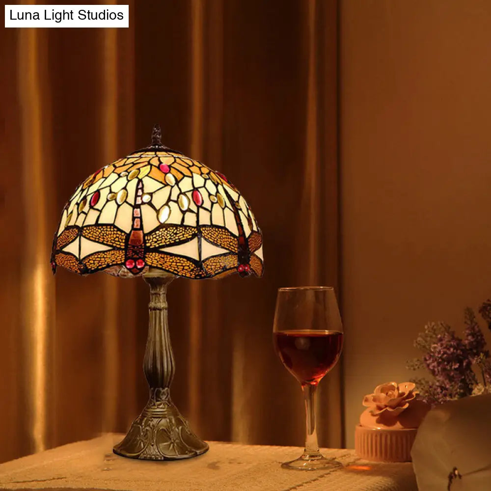 Mediterranean Bronze Dragonfly Nightstand Lamp With Hand Cut Glass - 1-Bulb Domed Design