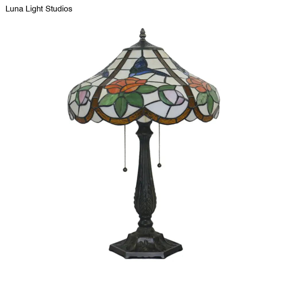 Mediterranean Bronze Petal Pattern Table Lamp With Pull Chain - 2 Bulb Bedroom Lighting