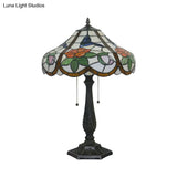 Mediterranean Bronze Petal Pattern Table Lamp With Pull Chain - 2 Bulb Bedroom Lighting