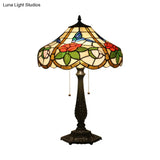 Mediterranean Bronze Petal Pattern Table Lamp With Pull Chain - 2 Bulb Bedroom Lighting