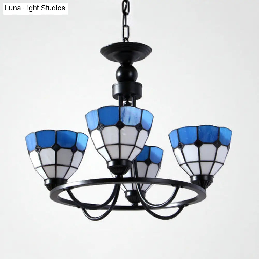 Mediterranean Chandelier Blue Glass Ceiling Light With 4 Hanging Lights For Bedroom