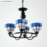 Mediterranean Chandelier Blue Glass Ceiling Light With 4 Hanging Lights For Bedroom
