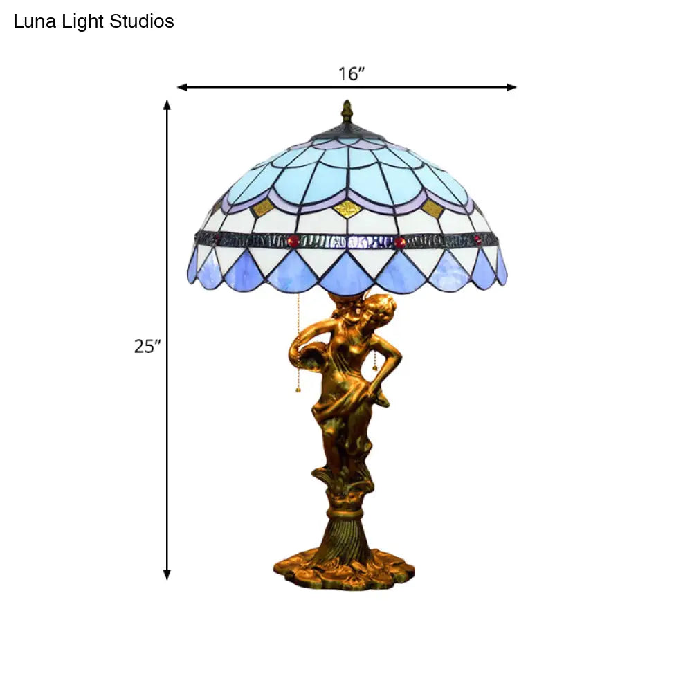 Mediterranean Cone/Dome Pull Chain Night Light With Stunning Glass Table Lighting