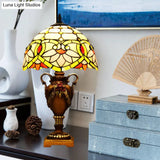 Mediterranean Desk Lamp: Hand-Cut Glass Blossom Pattern Night Light In Yellow/Green With Trophy Base