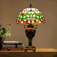 Mediterranean Desk Lamp: Hand-Cut Glass Blossom Pattern Night Light In Yellow/Green With Trophy Base