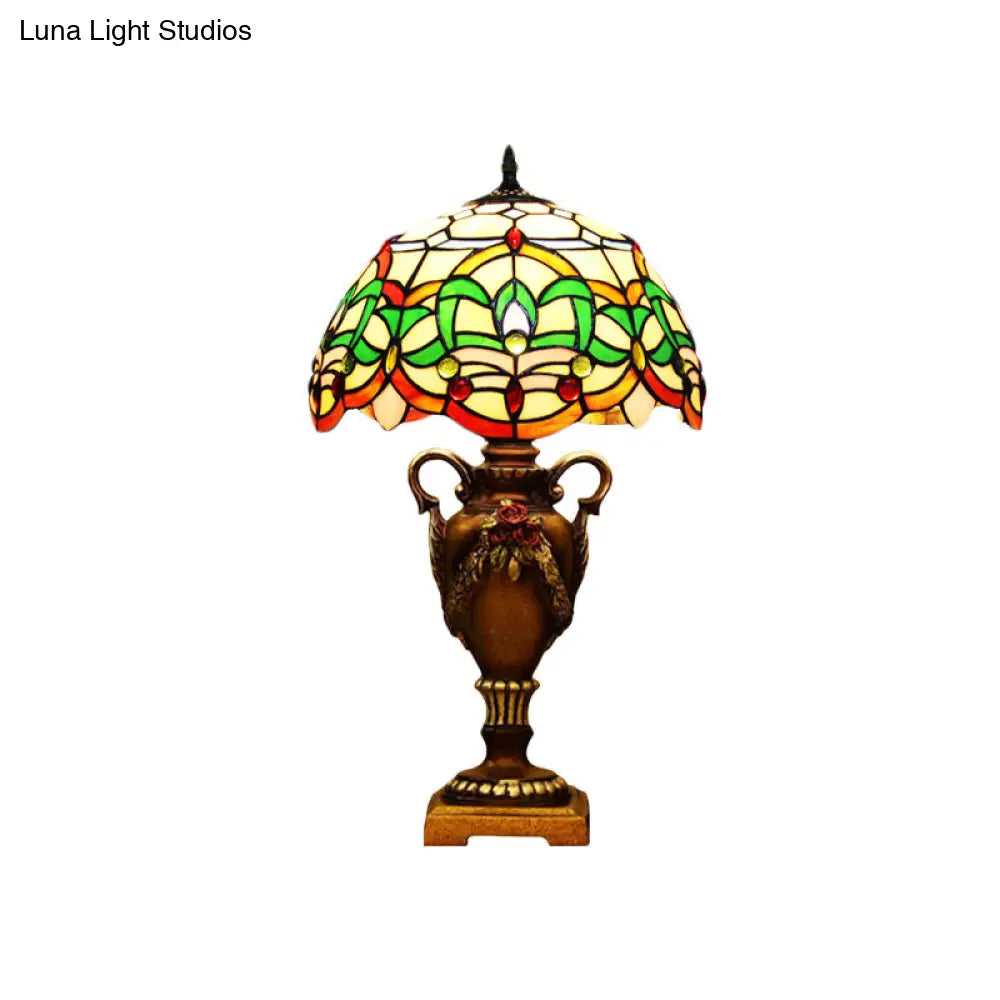 Mediterranean Desk Lamp: Hand-Cut Glass Blossom Pattern Night Light In Yellow/Green With Trophy Base