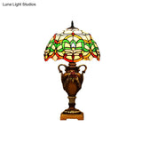 Mediterranean Desk Lamp: Hand-Cut Glass Blossom Pattern Night Light In Yellow/Green With Trophy Base