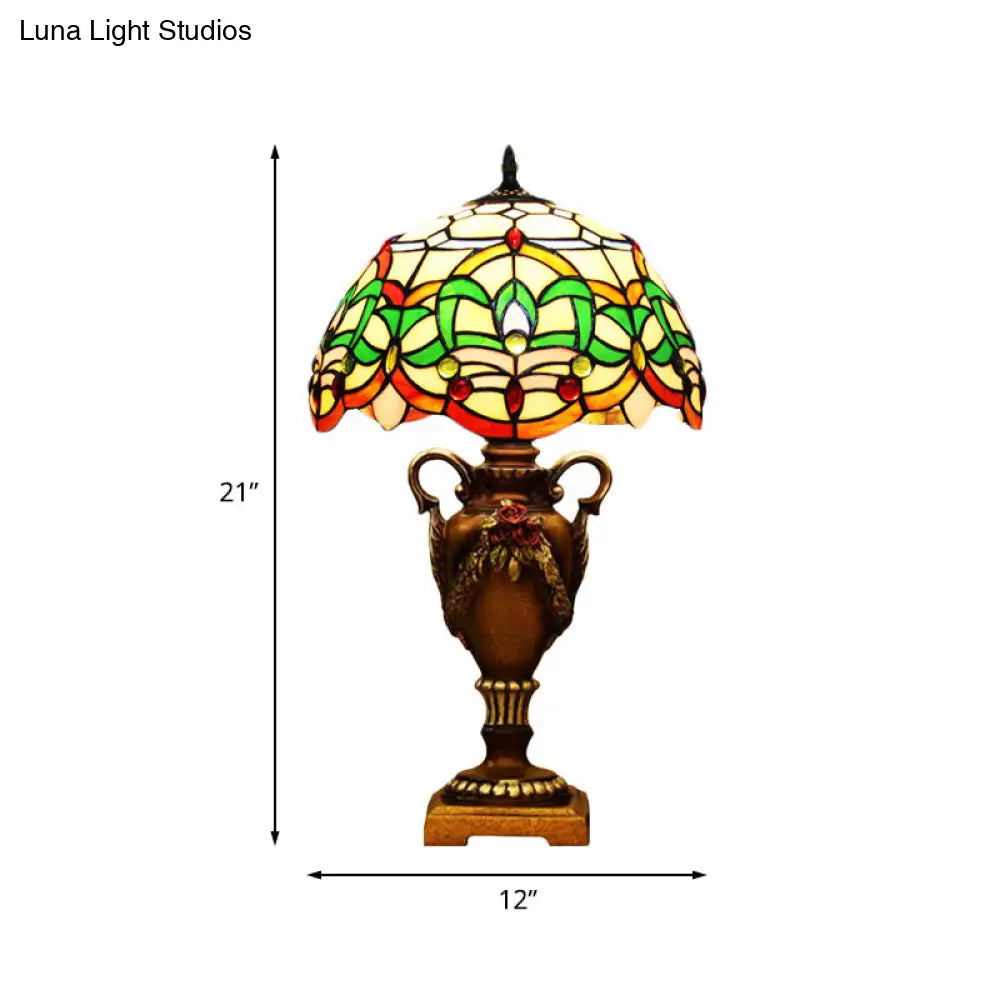 Mediterranean Desk Lamp: Hand-Cut Glass Blossom Pattern Night Light In Yellow/Green With Trophy Base