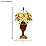 Mediterranean Desk Lamp: Hand-Cut Glass Blossom Pattern Night Light In Yellow/Green With Trophy Base