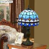 Mediterranean Dome Gridded Glass Table Lamp - Blue Nightstand Light For Living Room