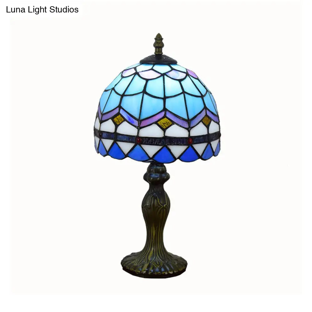 Mediterranean Dome Gridded Glass Table Lamp - Blue Nightstand Light For Living Room