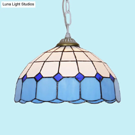 Mediterranean Dome Stained Art Glass Pendant Light In White/Blue/Bronze