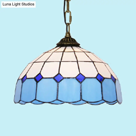 Mediterranean Dome Stained Art Glass Pendant Light In White/Blue/Bronze