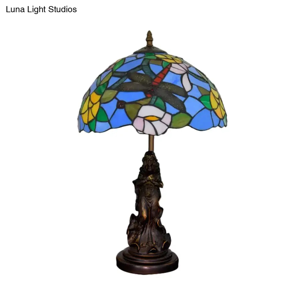 Mediterranean Dragonfly-Flower Table Lamp - Single Blue/Yellow/Blue-White Nightstand Light With