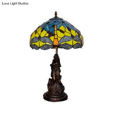 Mediterranean Dragonfly-Flower Table Lamp - Single Blue/Yellow/Blue-White Nightstand Light With
