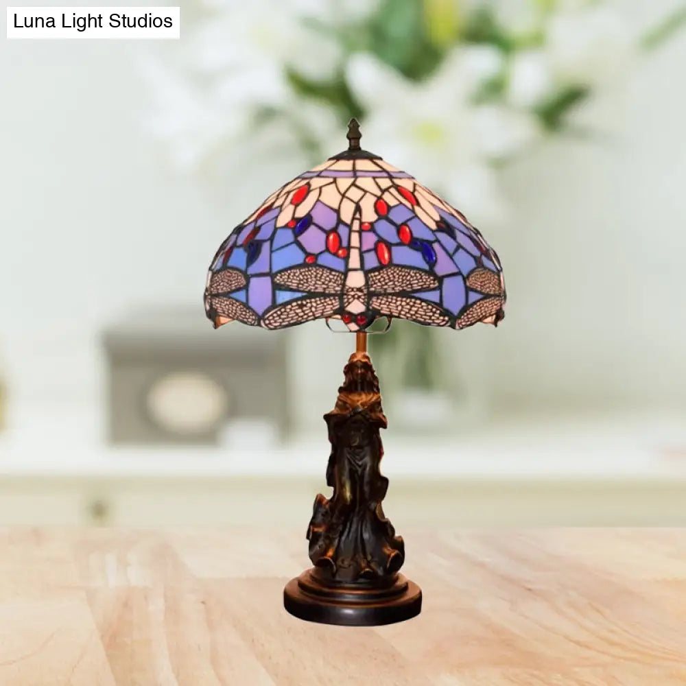 Mediterranean Dragonfly-Flower Table Lamp - Single Blue/Yellow/Blue-White Nightstand Light With