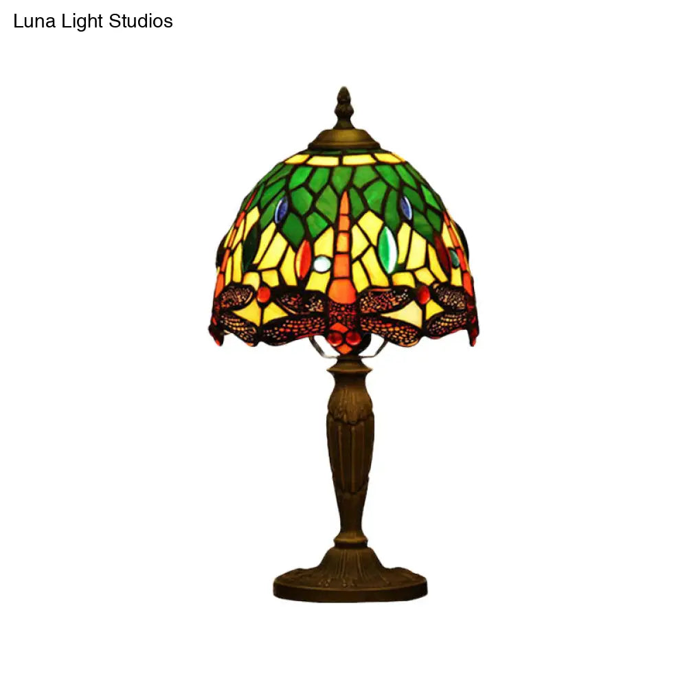 Mediterranean Dragonfly Patterned Desk Night Lamp - Colorful Cut Glass 1-Light Ideal For Coffee