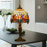 Mediterranean Dragonfly Patterned Desk Night Lamp - Colorful Cut Glass 1-Light Ideal For Coffee