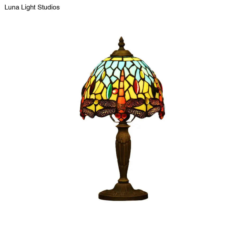Mediterranean Dragonfly Patterned Desk Night Lamp - Colorful Cut Glass 1-Light Ideal For Coffee