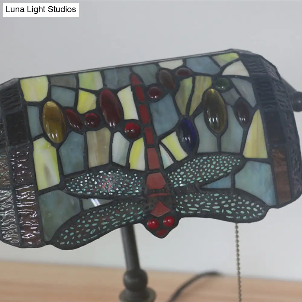 Mediterranean Dragonfly Stained Glass Nightstand Table Light In Bronze For Bedroom