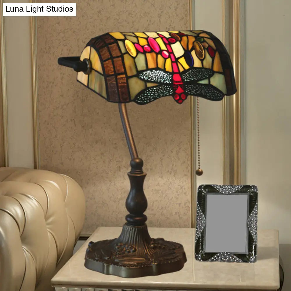 Mediterranean Dragonfly Stained Glass Nightstand Table Light In Bronze For Bedroom