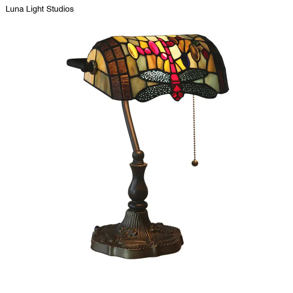 Mediterranean Dragonfly Stained Glass Nightstand Table Light In Bronze For Bedroom