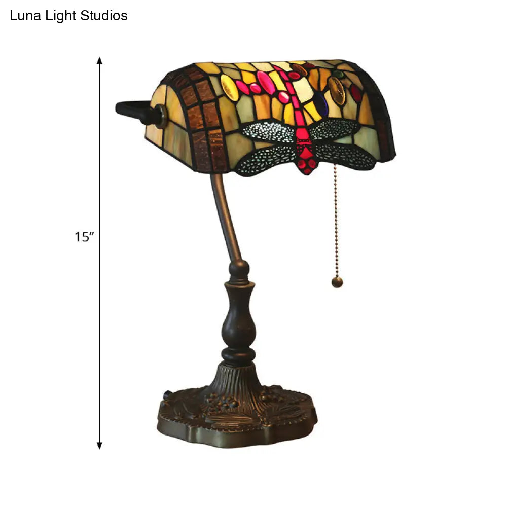 Mediterranean Dragonfly Stained Glass Nightstand Table Light In Bronze For Bedroom