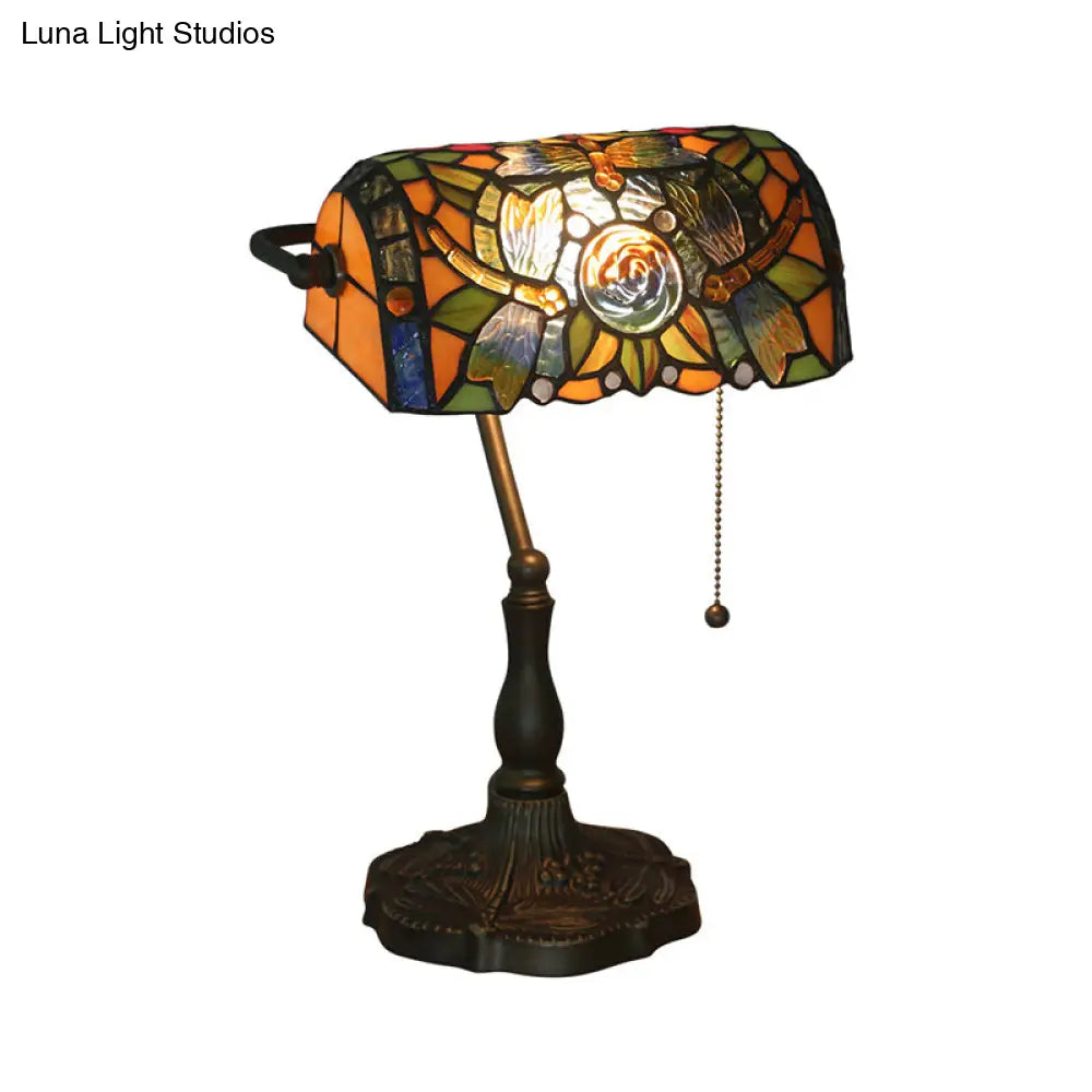 Mediterranean Dragonfly Stained Glass Nightstand Table Light In Bronze For Bedroom