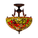 Mediterranean Flower Stained Glass Ceiling Light For Bedroom - 3-Light Semi Flush Mount In