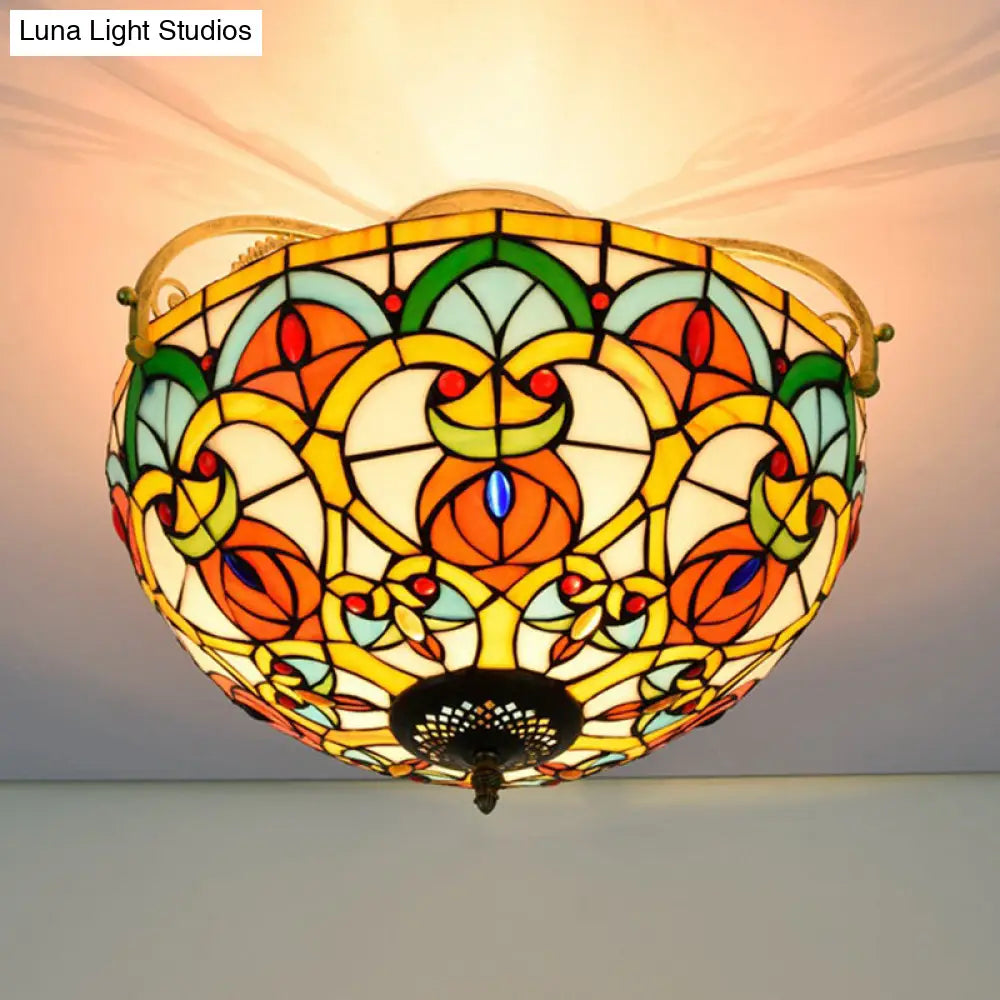 Mediterranean Orange Domed Cut Glass Ceiling Light Fixture With 3 Semi - Flush Lights