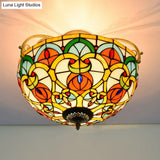 Mediterranean Orange Domed Cut Glass Ceiling Light Fixture With 3 Semi - Flush Lights