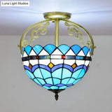 Mediterranean Petal Stained Glass Semi Flush Mount Ceiling Lamp 2 Lights Yellow/Brown/Blue - Ideal