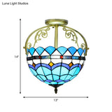 Mediterranean Petal Stained Glass Semi Flush Mount Ceiling Lamp 2 Lights Yellow/Brown/Blue - Ideal