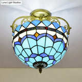 Mediterranean Petal Stained Glass Semi Flush Mount Ceiling Lamp 2 Lights Yellow/Brown/Blue - Ideal