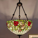 Mediterranean Stained Glass Bowl Ceiling Chandelier With 2 Red/Yellow/Green Pendant Lights Green