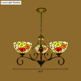 Mediterranean Stained Glass Ceiling Chandelier With Flower Design - Antique Brass Pendant Light