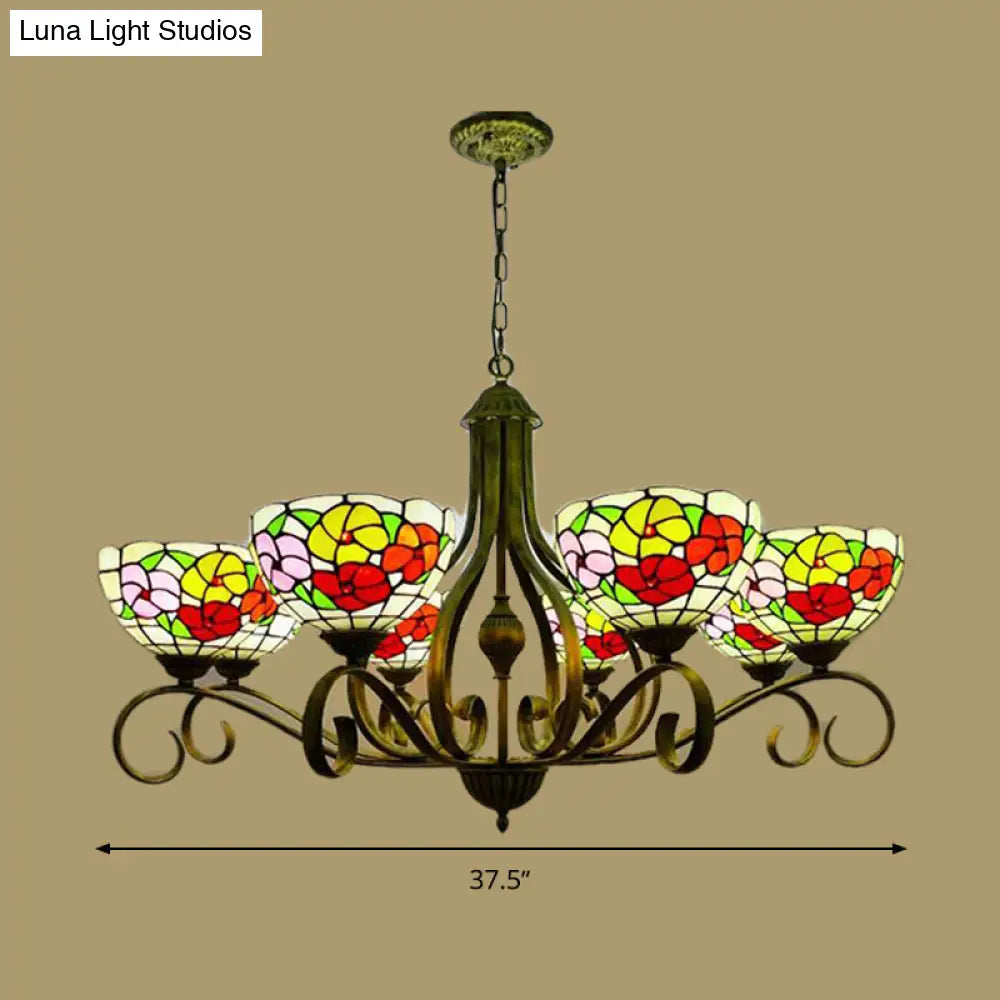 Mediterranean Stained Glass Ceiling Chandelier With Flower Design - Antique Brass Pendant Light