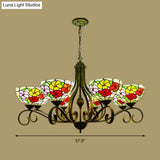 Mediterranean Stained Glass Ceiling Chandelier With Flower Design - Antique Brass Pendant Light