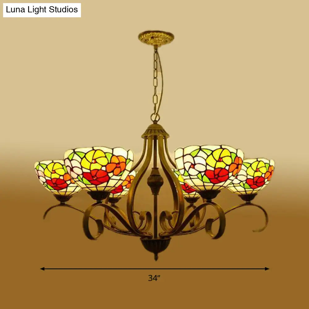 Mediterranean Stained Glass Ceiling Chandelier With Flower Design - Antique Brass Pendant Light