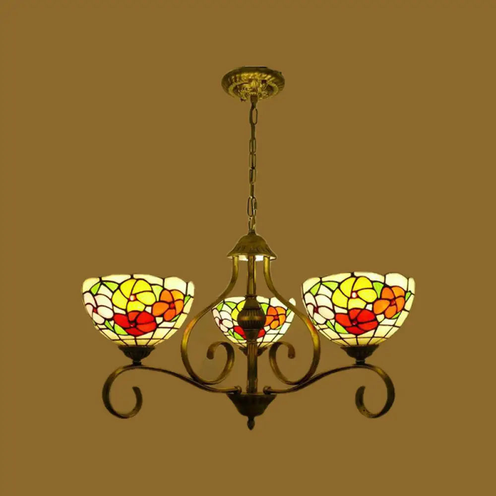 Mediterranean Stained Glass Ceiling Chandelier With Flower Design - Antique Brass Pendant Light