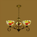 Mediterranean Stained Glass Ceiling Chandelier With Flower Design - Antique Brass Pendant Light