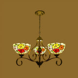 Mediterranean Stained Glass Ceiling Chandelier With Flower Design - Antique Brass Pendant Light