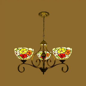 Mediterranean Stained Glass Ceiling Chandelier With Flower Design - Antique Brass Pendant Light